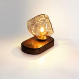 Handcrafted Ice Stone Glass Bedside Table Lamp Smokey Amber Finish Reading Light with Wooden Base