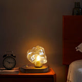 Handcrafted Ice Stone Glass Bedside Table Lamp Smokey Amber Finish Reading Light with Wooden Base