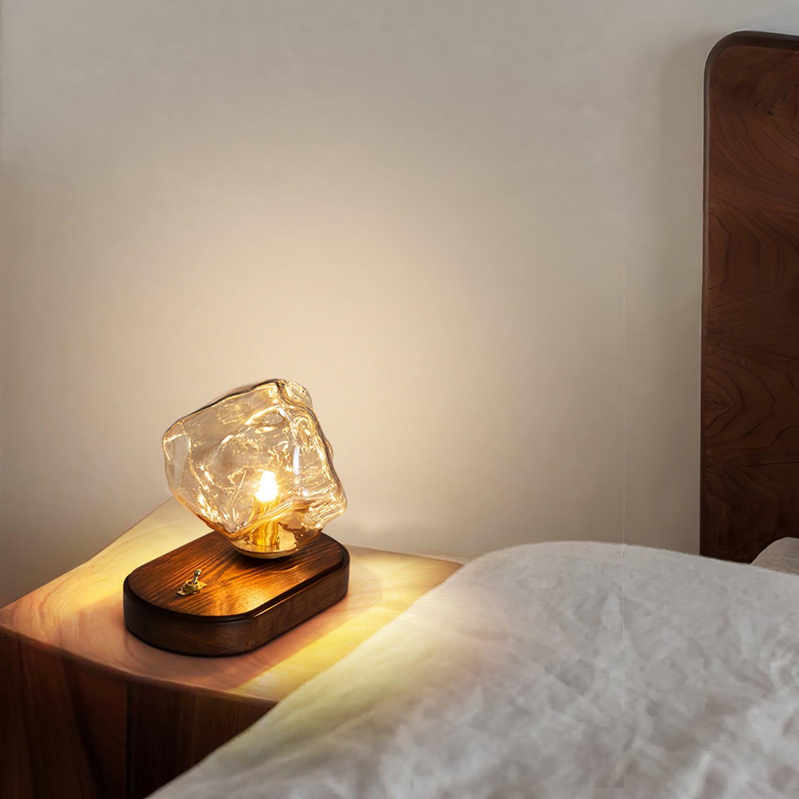Handcrafted Ice Stone Glass Bedside Table Lamp Smokey Amber Finish Reading Light with Wooden Base