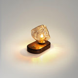 Handcrafted Ice Stone Glass Bedside Table Lamp Smokey Amber Finish Reading Light with Wooden Base