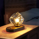 Handcrafted Ice Stone Glass Bedside Table Lamp Smokey Amber Finish Reading Light with Wooden Base