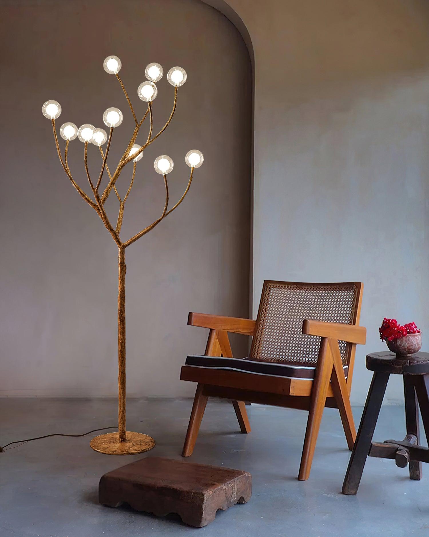 Modern Geometric Imitation Wood Floor Lamp with Glass Globe Shades for Living Room