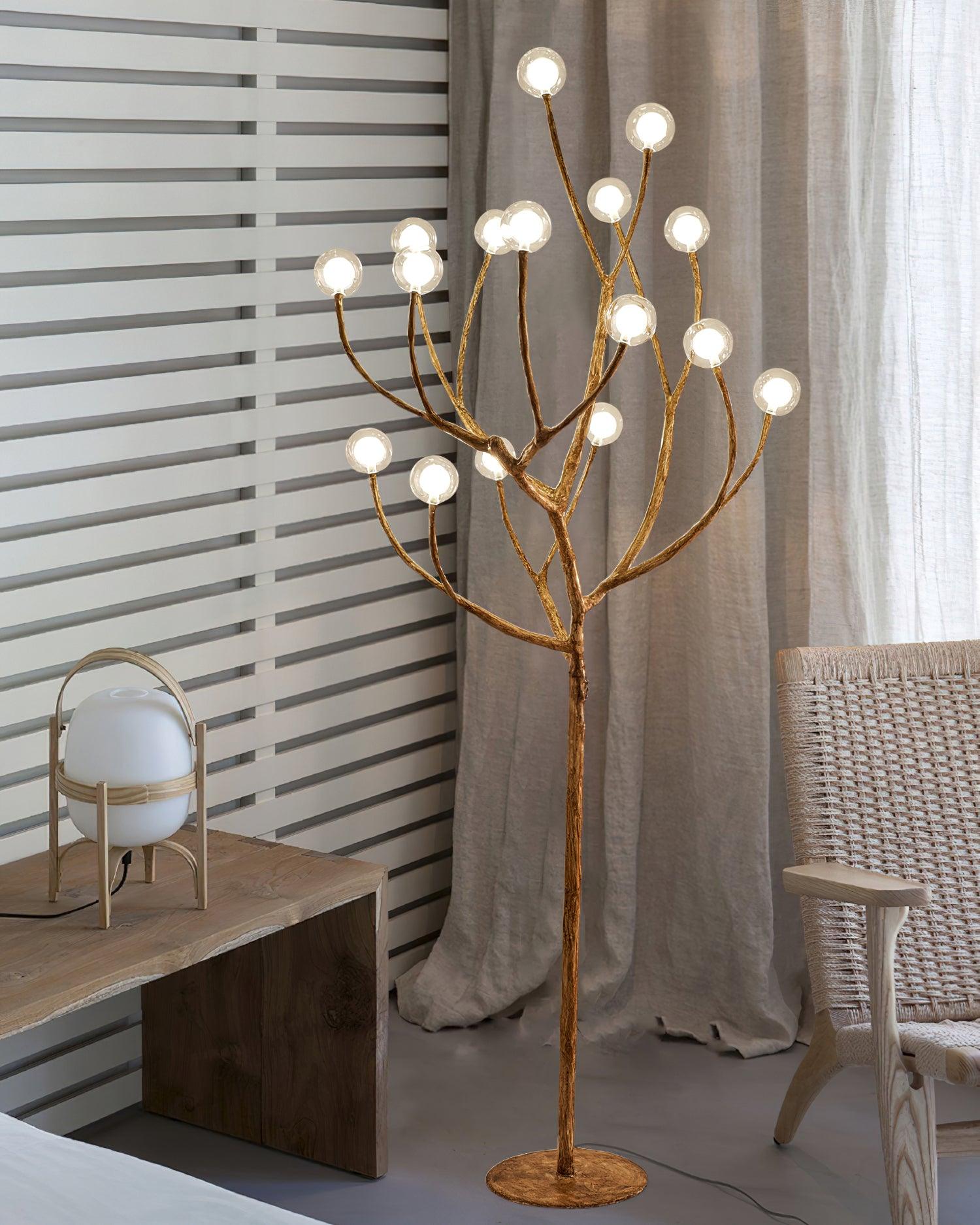 Modern Geometric Imitation Wood Floor Lamp with Glass Globe Shades for Living Room