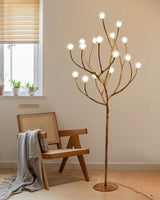 Modern Geometric Imitation Wood Floor Lamp with Glass Globe Shades for Living Room