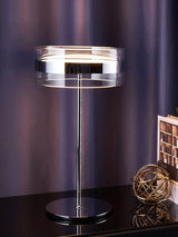 Modern Chrome LED Table Lamp with Cylindrical Glass Shade and Acrylic Elements for Bedroom Decor