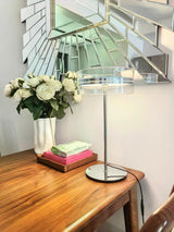 Modern Chrome LED Table Lamp with Cylindrical Glass Shade and Acrylic Elements for Bedroom Decor