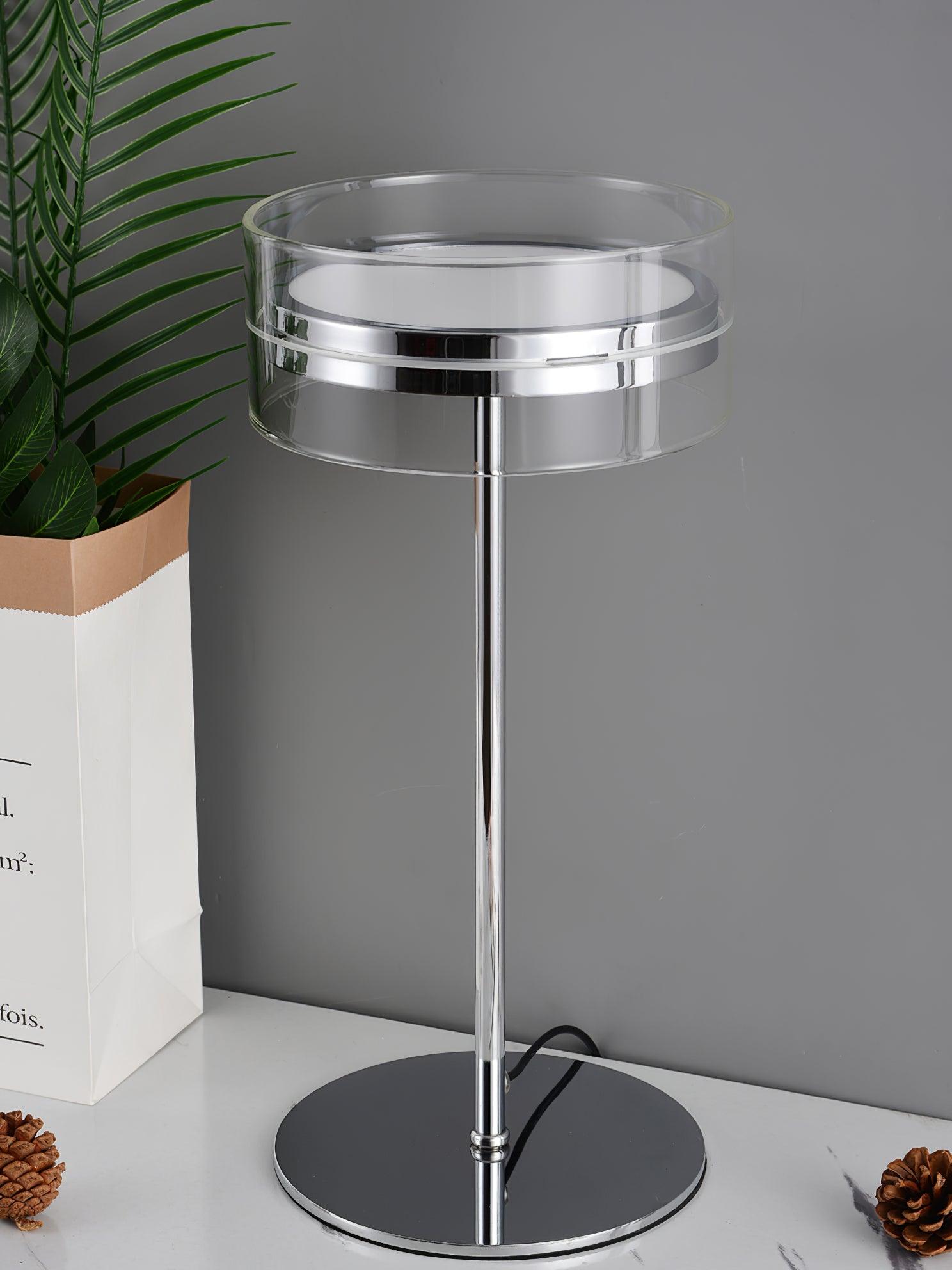 Modern Chrome LED Table Lamp with Cylindrical Glass Shade and Acrylic Elements for Bedroom Decor