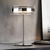 Modern Chrome LED Table Lamp with Cylindrical Glass Shade and Acrylic Elements for Bedroom Decor