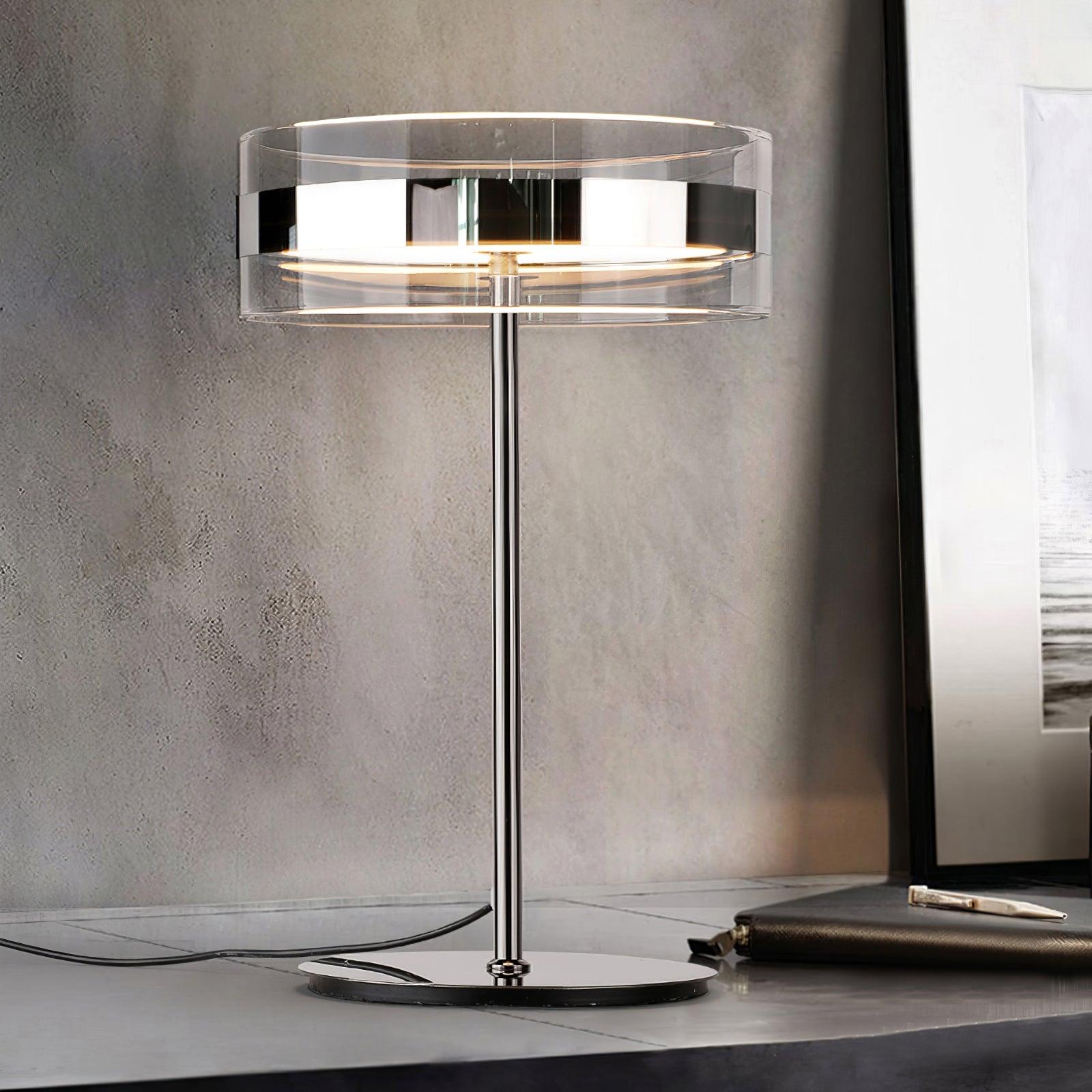 Modern Chrome LED Table Lamp with Cylindrical Glass Shade and Acrylic Elements for Bedroom Decor