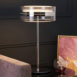 Modern Chrome LED Table Lamp with Cylindrical Glass Shade and Acrylic Elements for Bedroom Decor