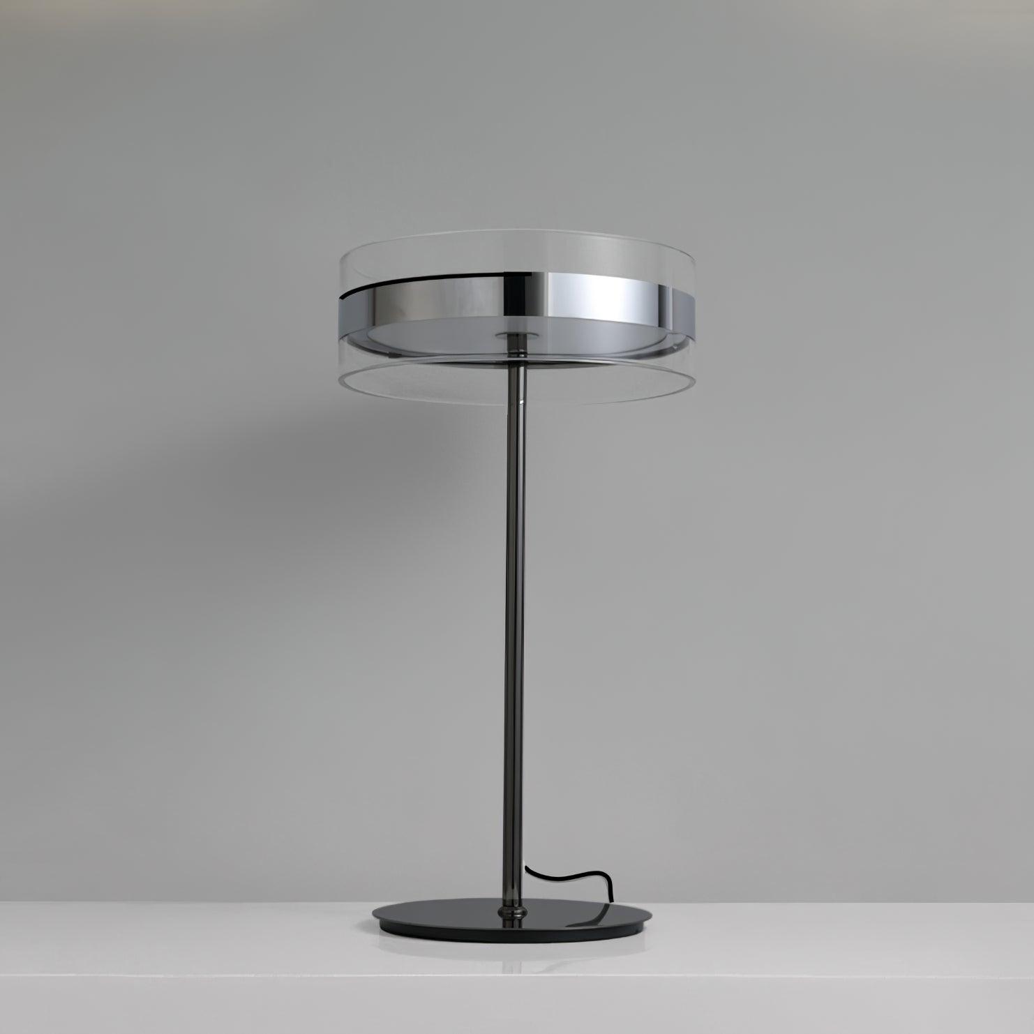 Modern Chrome LED Table Lamp with Cylindrical Glass Shade and Acrylic Elements for Bedroom Decor