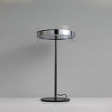 Modern Chrome LED Table Lamp with Cylindrical Glass Shade and Acrylic Elements for Bedroom Decor