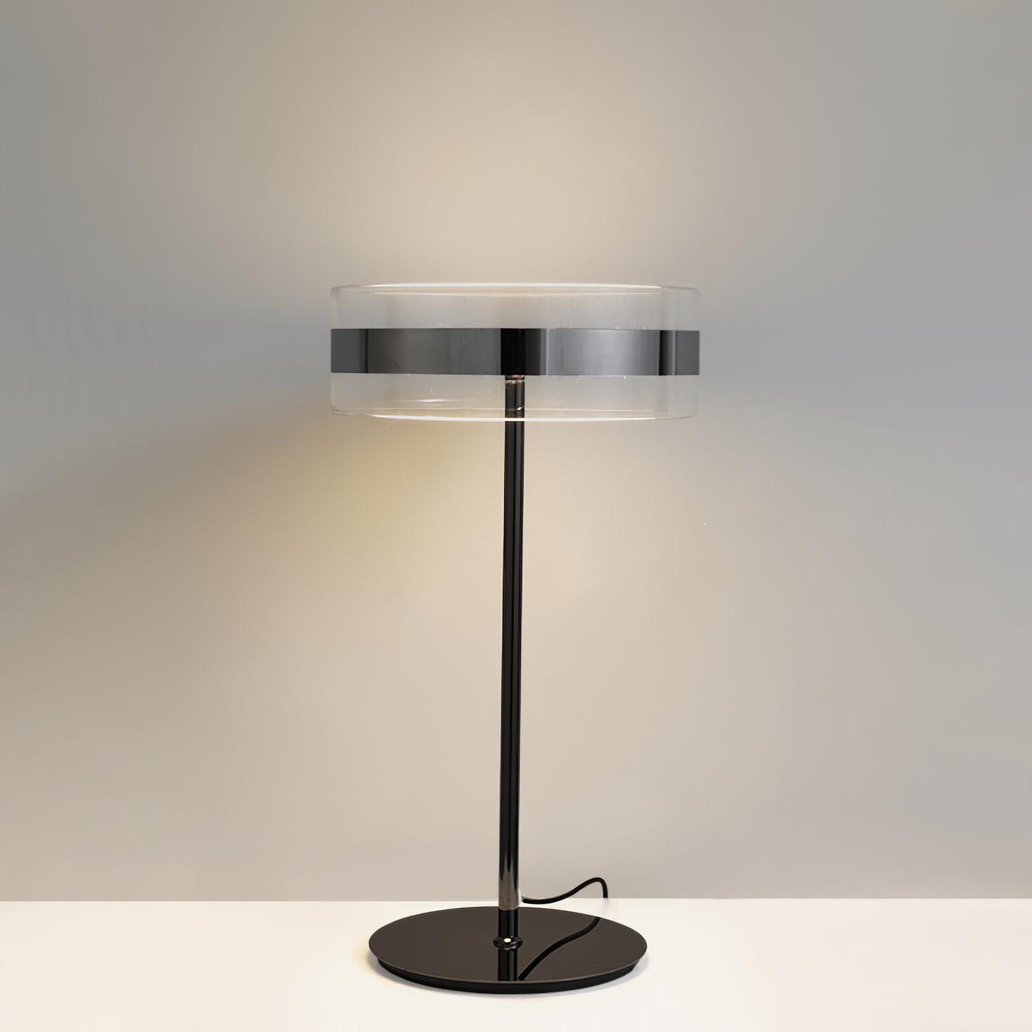 Modern Chrome LED Table Lamp with Cylindrical Glass Shade and Acrylic Elements for Bedroom Decor