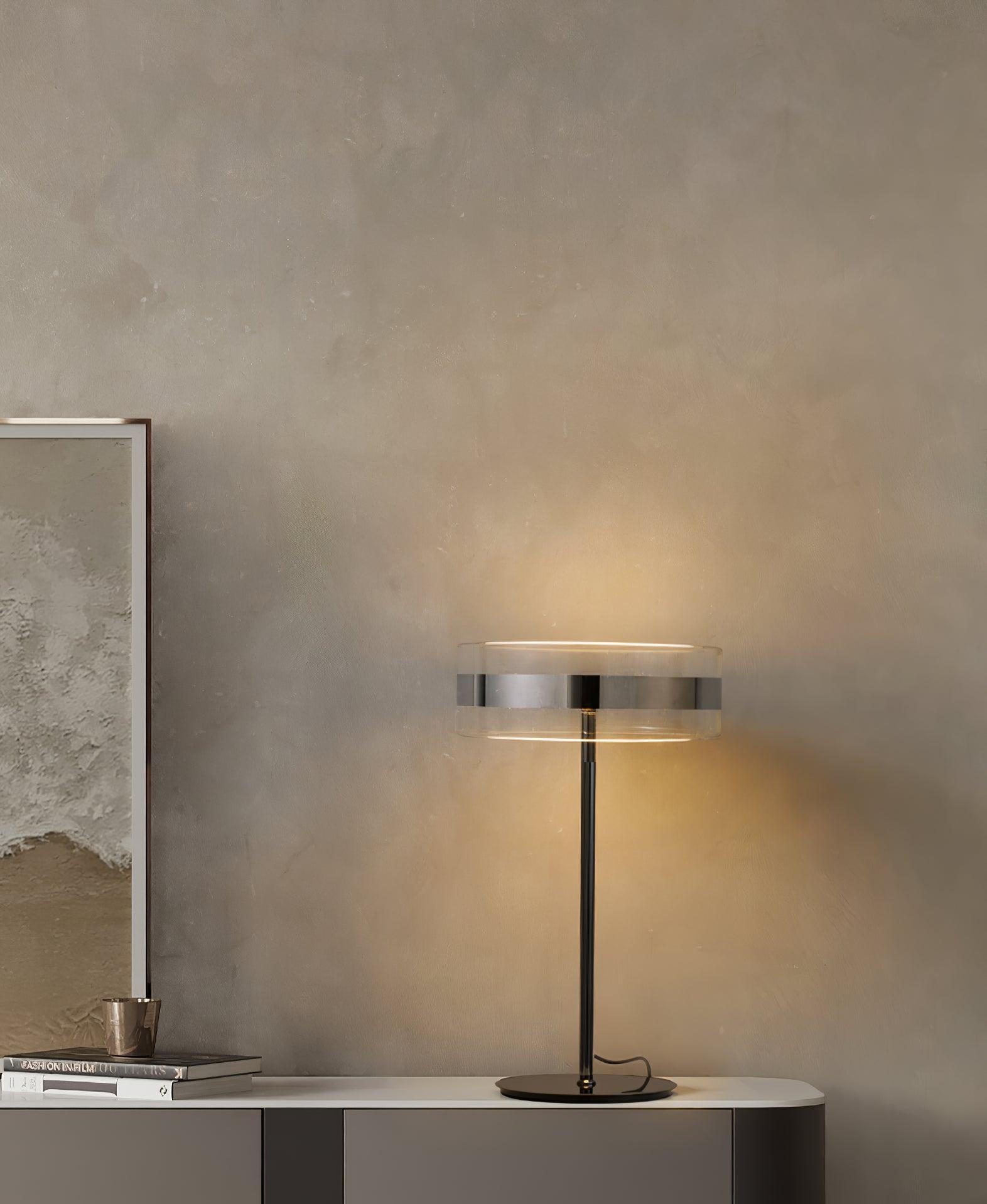 Modern Chrome LED Table Lamp with Cylindrical Glass Shade and Acrylic Elements for Bedroom Decor
