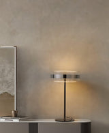Modern Chrome LED Table Lamp with Cylindrical Glass Shade and Acrylic Elements for Bedroom Decor
