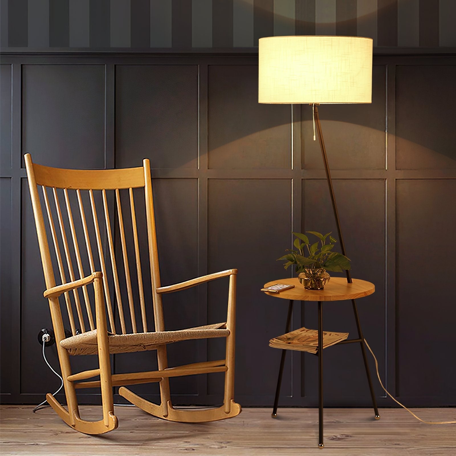 modern-inclined-wood-floor-lamp-with-fabric-shade-and-integrated-side-table