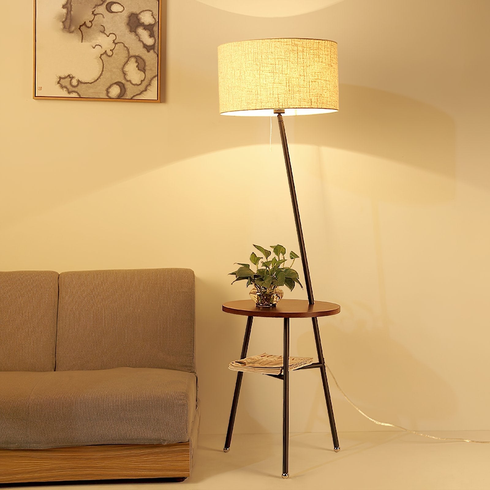 modern-inclined-wood-floor-lamp-with-fabric-shade-and-integrated-side-table