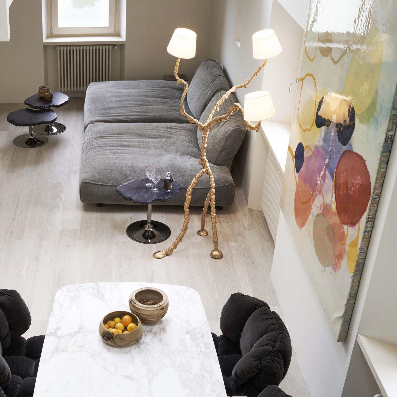 Ines Large Sculptural Floor Lamp Modern Uplight Brass and Fabric Standing Light