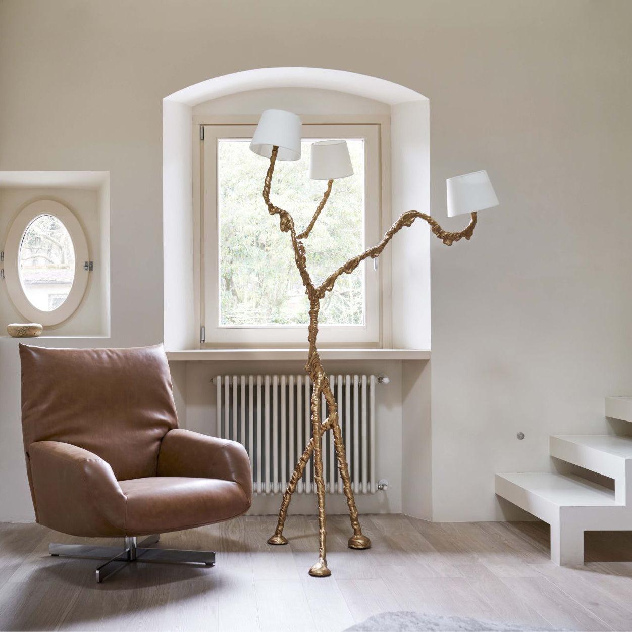 Ines Large Sculptural Floor Lamp Modern Uplight Brass and Fabric Standing Light