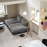 Ines Large Sculptural Floor Lamp Modern Uplight Brass and Fabric Standing Light