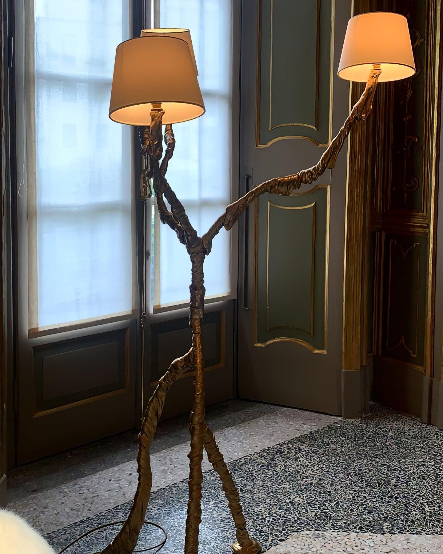 Ines Large Sculptural Floor Lamp Modern Uplight Brass and Fabric Standing Light