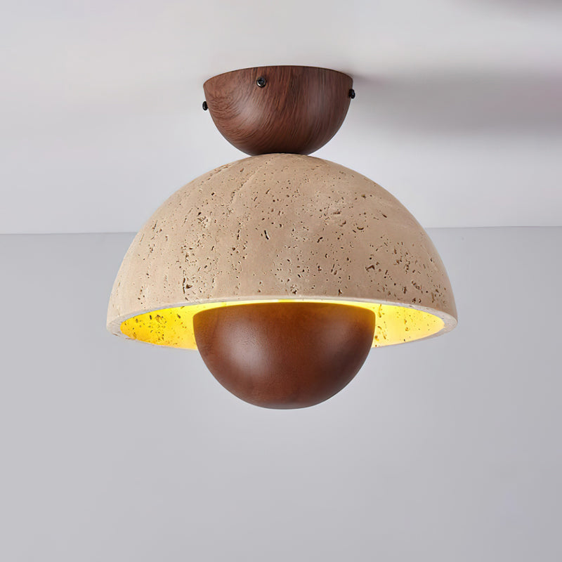 Travertine and Wood Inverted Flush Mount Ceiling Lamp Modern LED Indoor Light Fixture