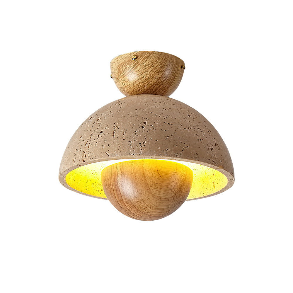 Travertine and Wood Inverted Flush Mount Ceiling Lamp Modern LED Indoor Light Fixture