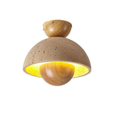 Travertine and Wood Inverted Flush Mount Ceiling Lamp Modern LED Indoor Light Fixture