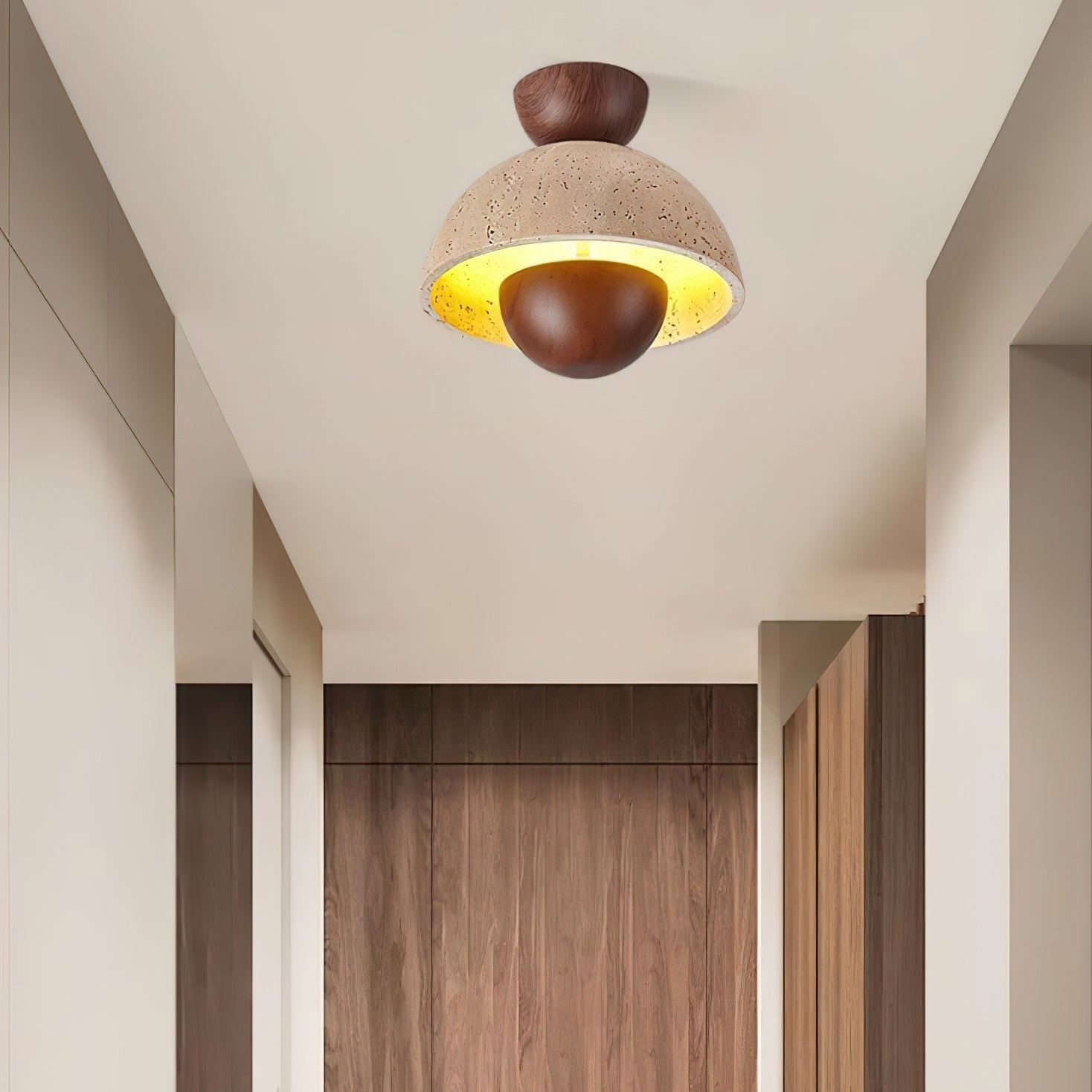 Travertine and Wood Inverted Flush Mount Ceiling Lamp Modern LED Indoor Light Fixture