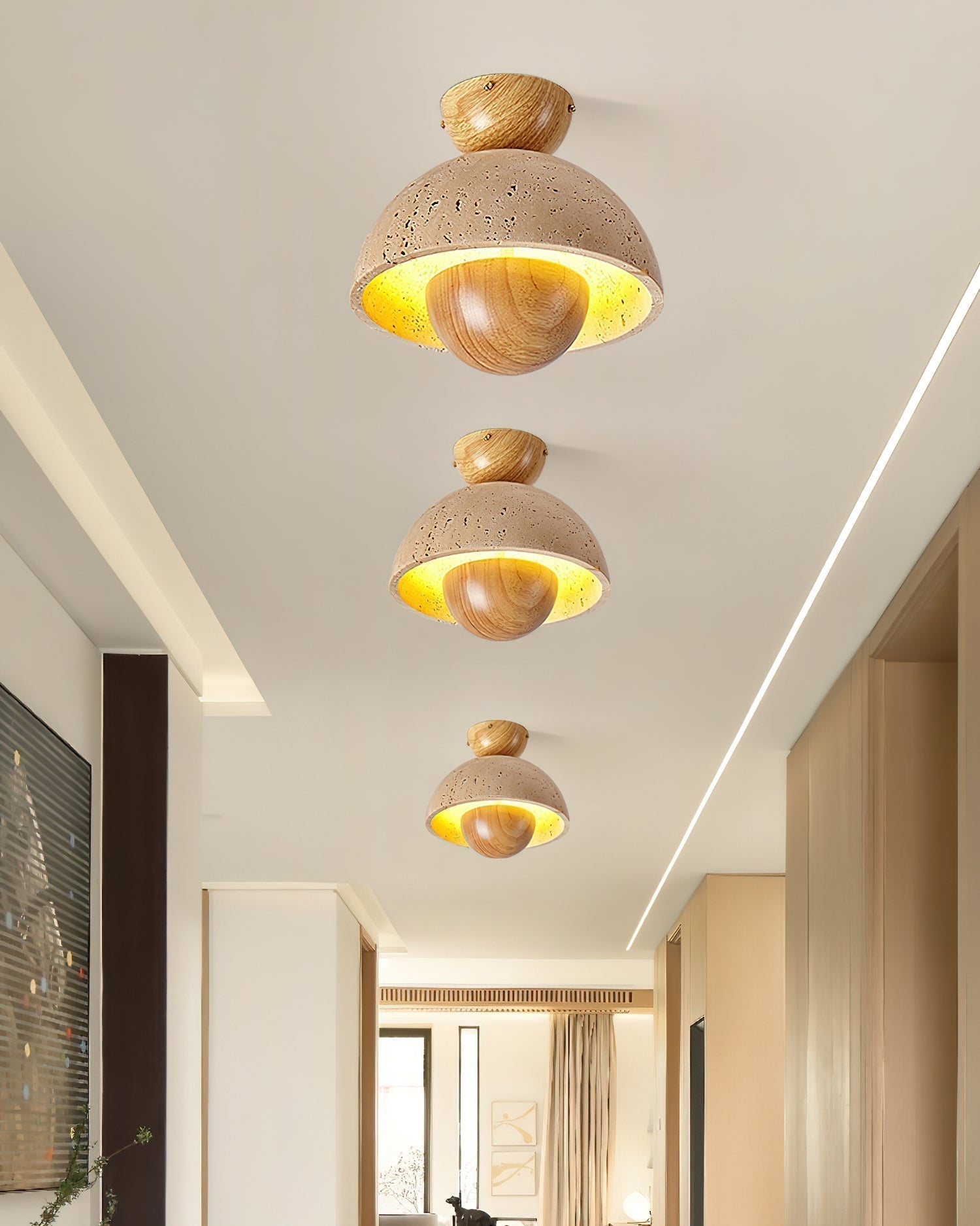 Travertine and Wood Inverted Flush Mount Ceiling Lamp Modern LED Indoor Light Fixture