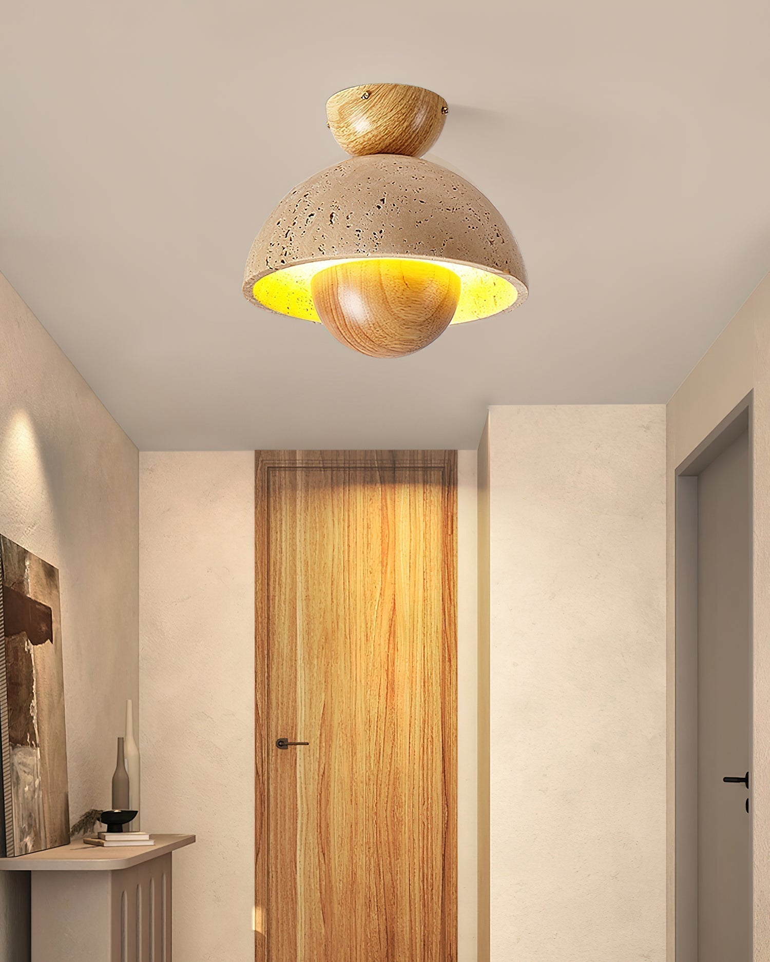 Travertine and Wood Inverted Flush Mount Ceiling Lamp Modern LED Indoor Light Fixture