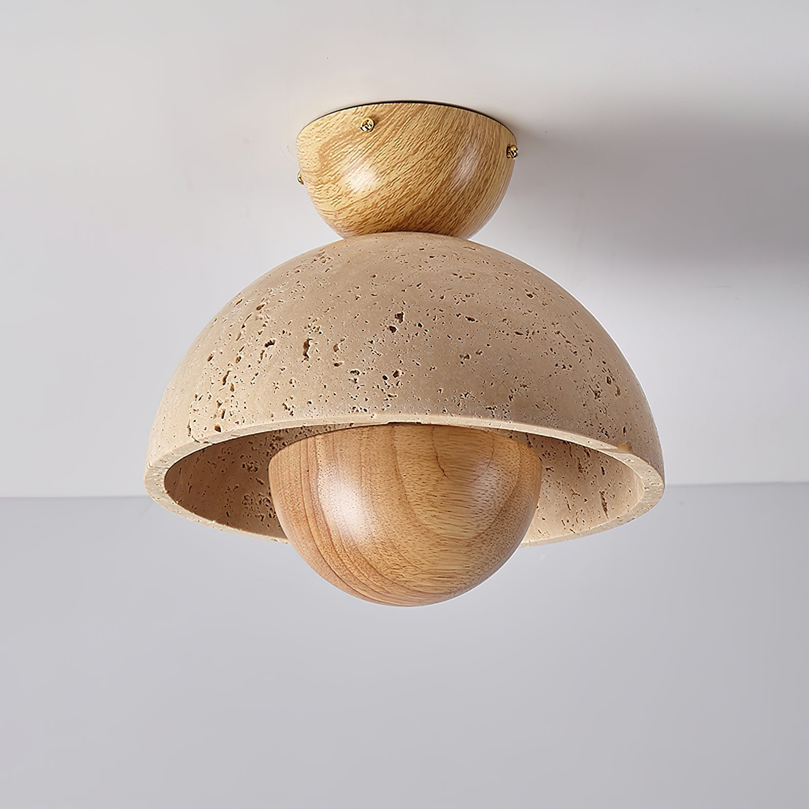 Travertine and Wood Inverted Flush Mount Ceiling Lamp Modern LED Indoor Light Fixture