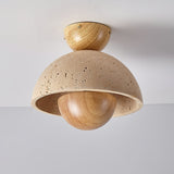 Travertine and Wood Inverted Flush Mount Ceiling Lamp Modern LED Indoor Light Fixture