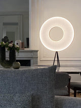 Modern Iris LED Floor Lamp with White Fabric Shade and Adjustable Color Temperatures