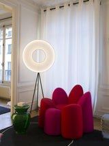 Modern Iris LED Floor Lamp with White Fabric Shade and Adjustable Color Temperatures