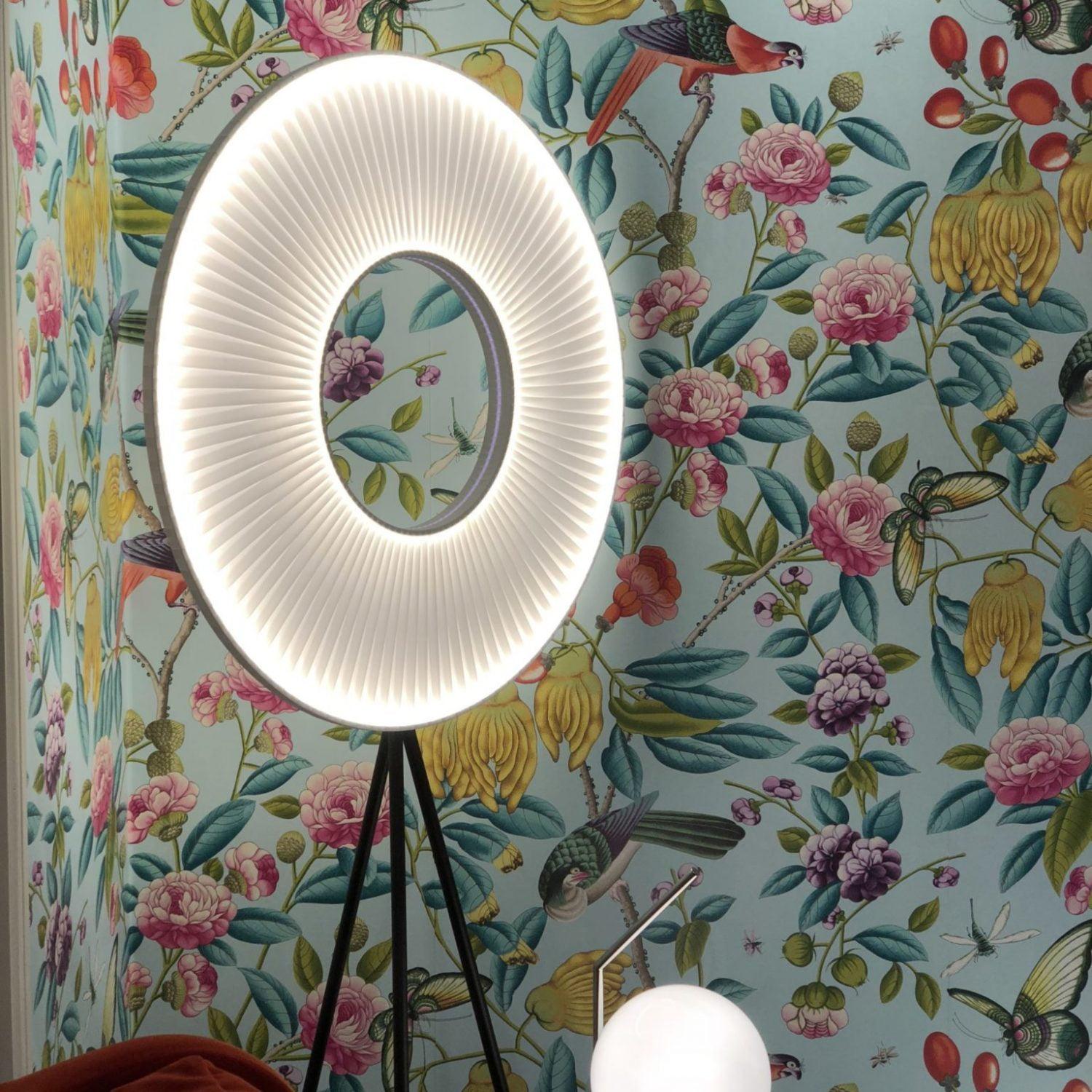 Modern Iris LED Floor Lamp with White Fabric Shade and Adjustable Color Temperatures