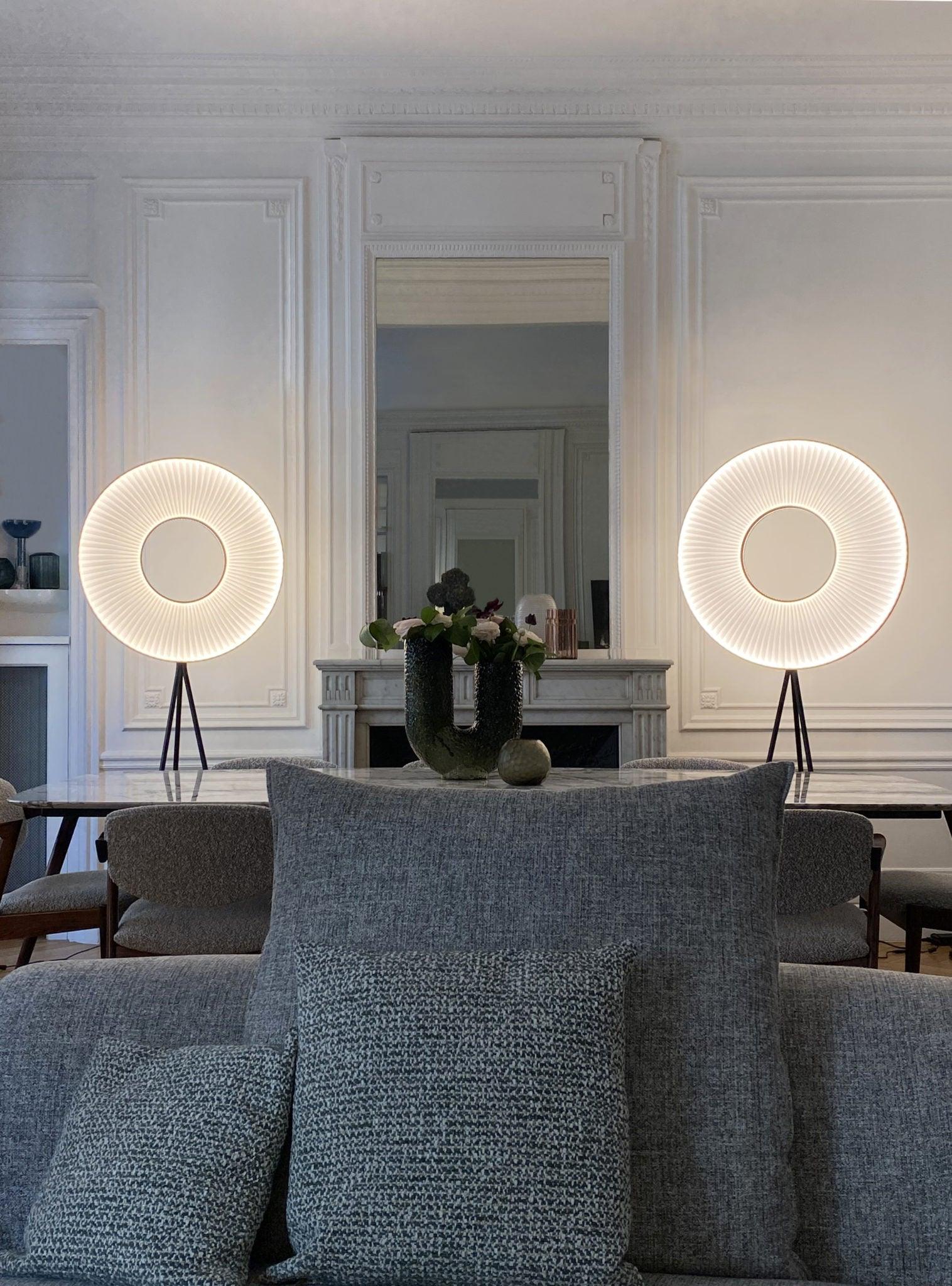 Modern Iris LED Floor Lamp with White Fabric Shade and Adjustable Color Temperatures
