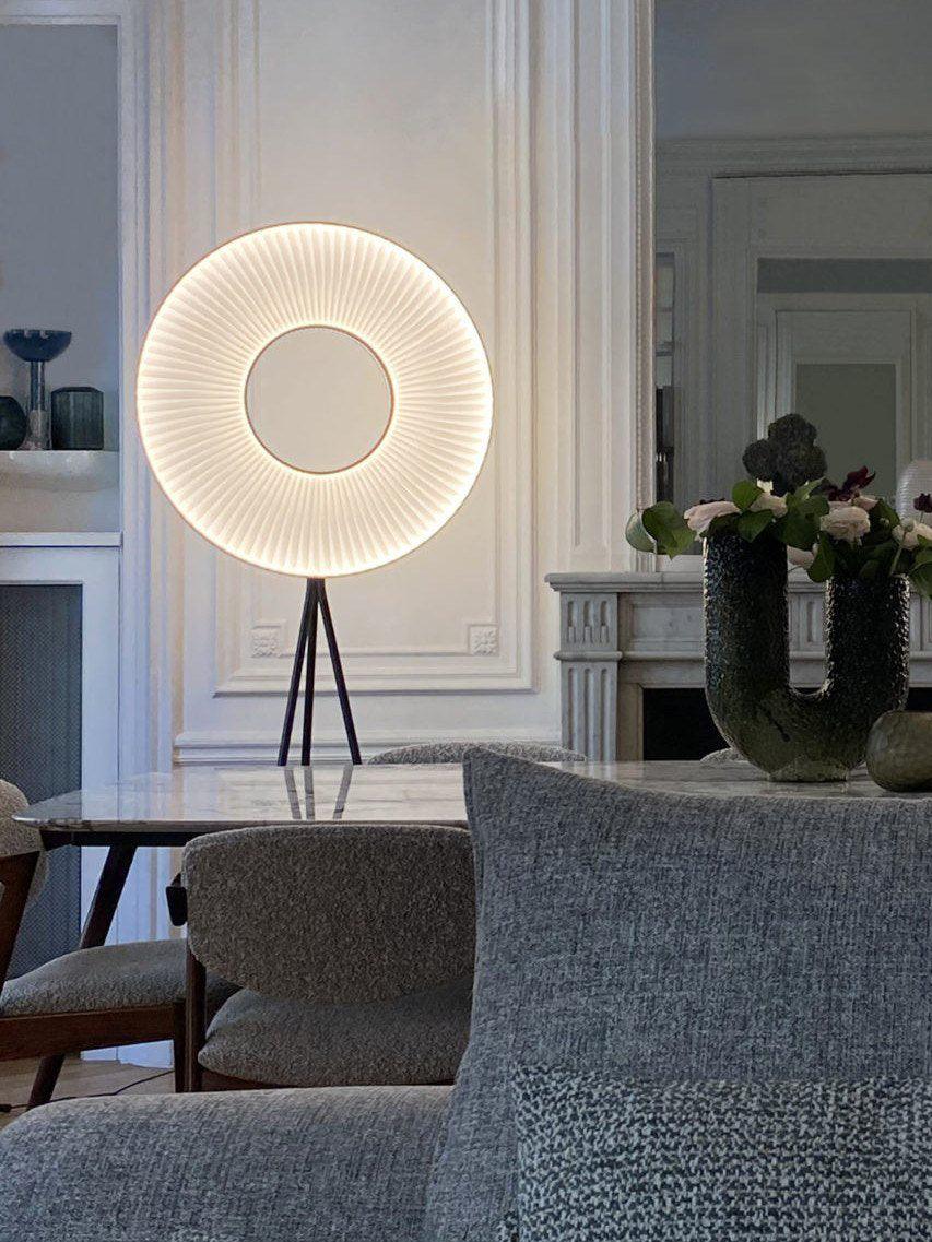 Modern Iris LED Floor Lamp with White Fabric Shade and Adjustable Color Temperatures