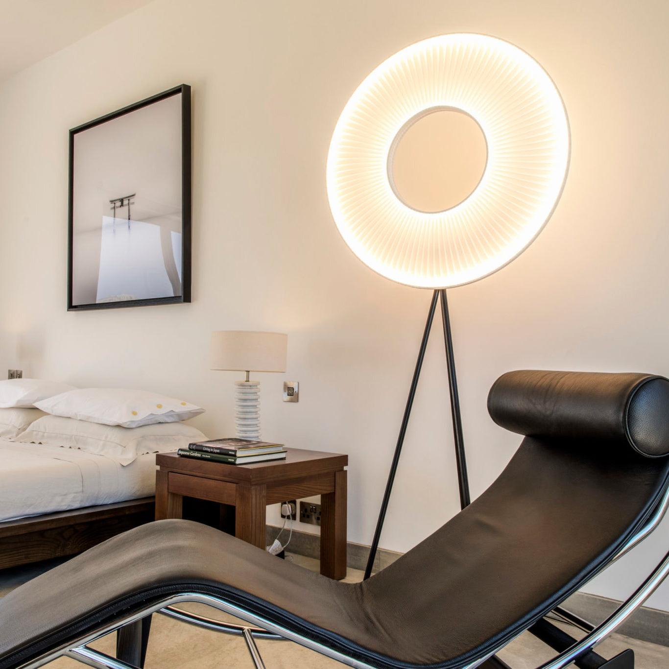 Modern Iris LED Floor Lamp with White Fabric Shade and Adjustable Color Temperatures