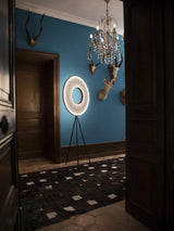 Modern Iris LED Floor Lamp with White Fabric Shade and Adjustable Color Temperatures