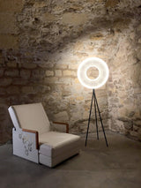Modern Iris LED Floor Lamp with White Fabric Shade and Adjustable Color Temperatures