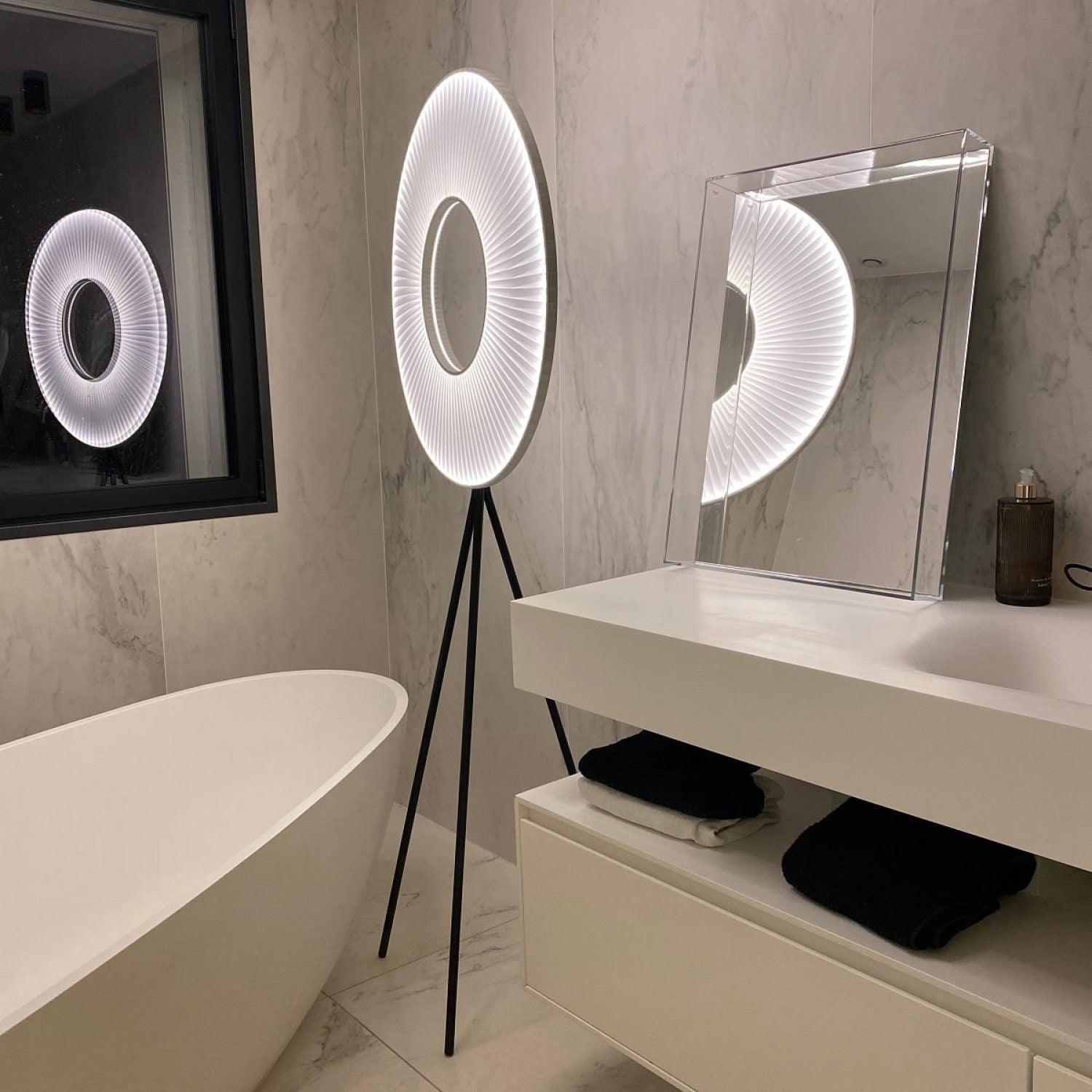 Modern Iris LED Floor Lamp with White Fabric Shade and Adjustable Color Temperatures