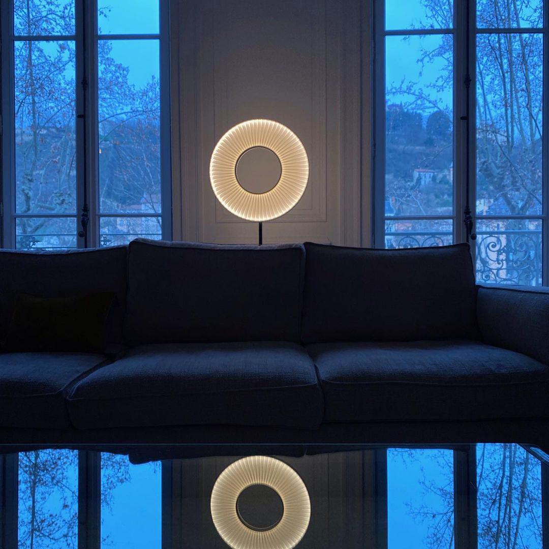 Modern Iris LED Floor Lamp with White Fabric Shade and Adjustable Color Temperatures