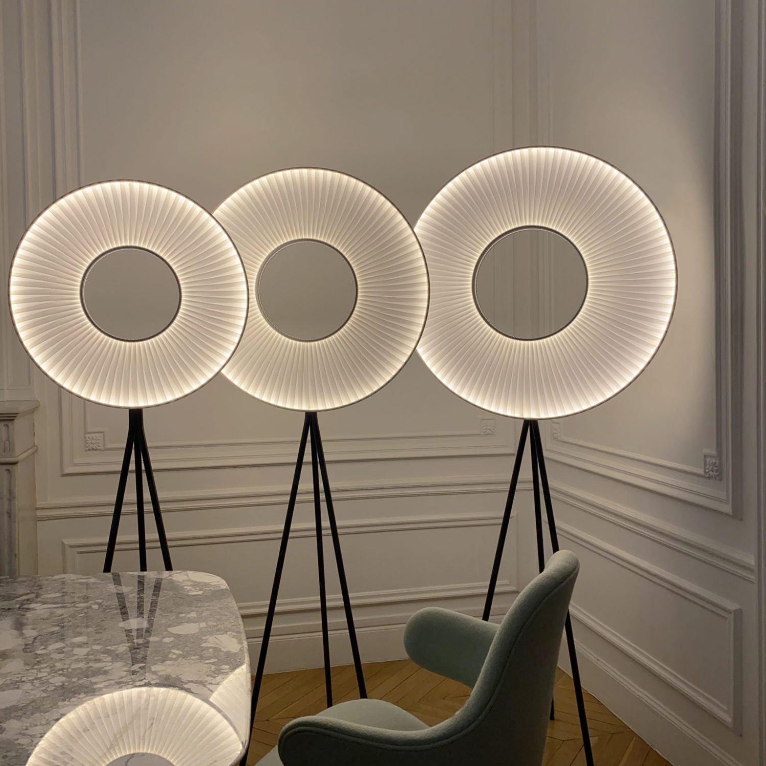 Modern Iris LED Floor Lamp with White Fabric Shade and Adjustable Color Temperatures