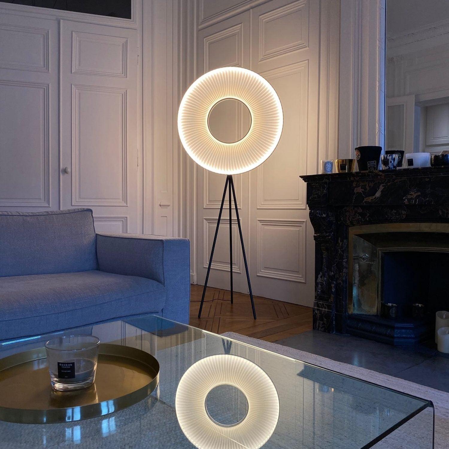 Modern Iris LED Floor Lamp with White Fabric Shade and Adjustable Color Temperatures