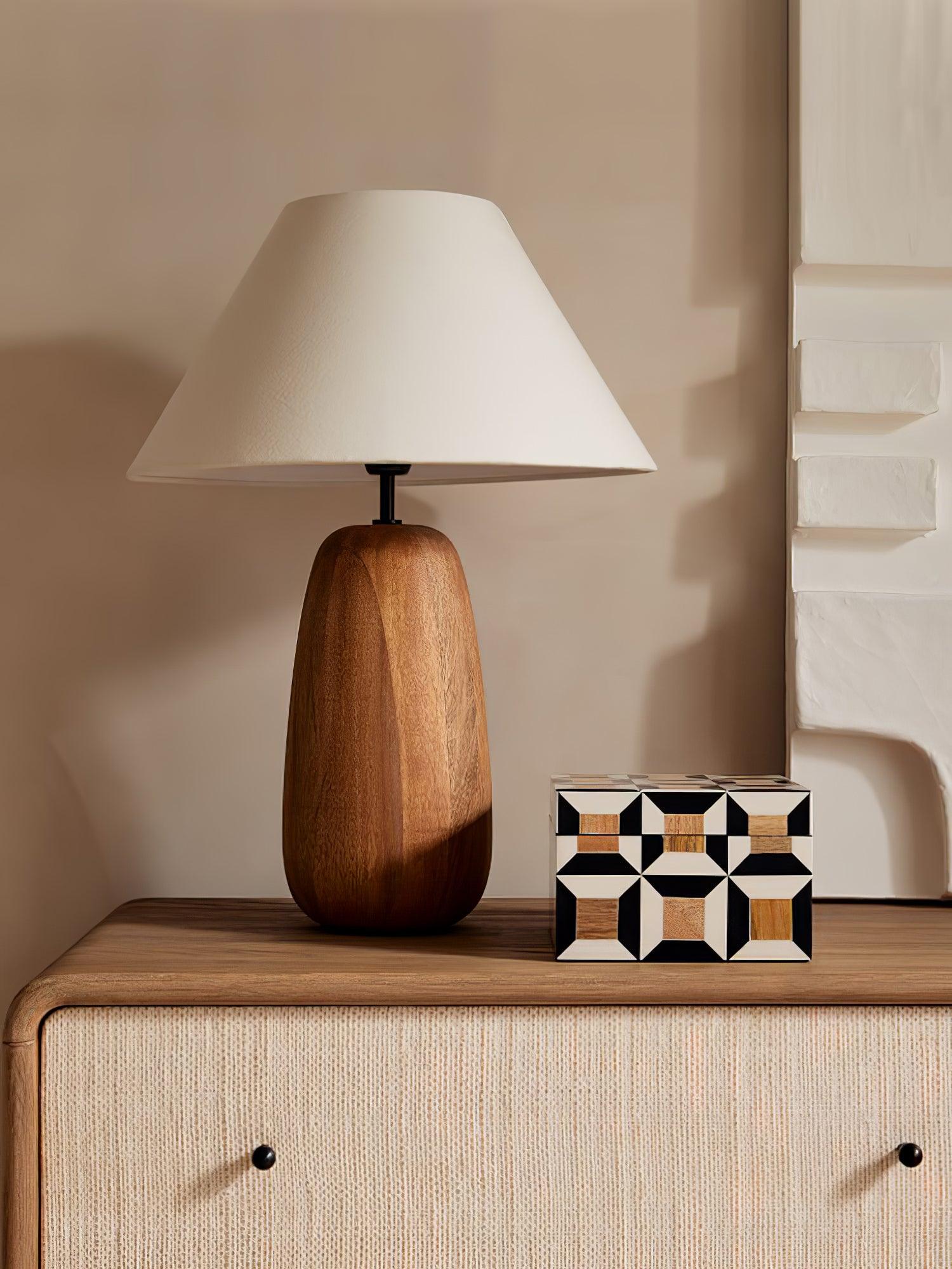 Natural Wood Task Lamp with White Fabric Shade for Bedside and Desk Irving