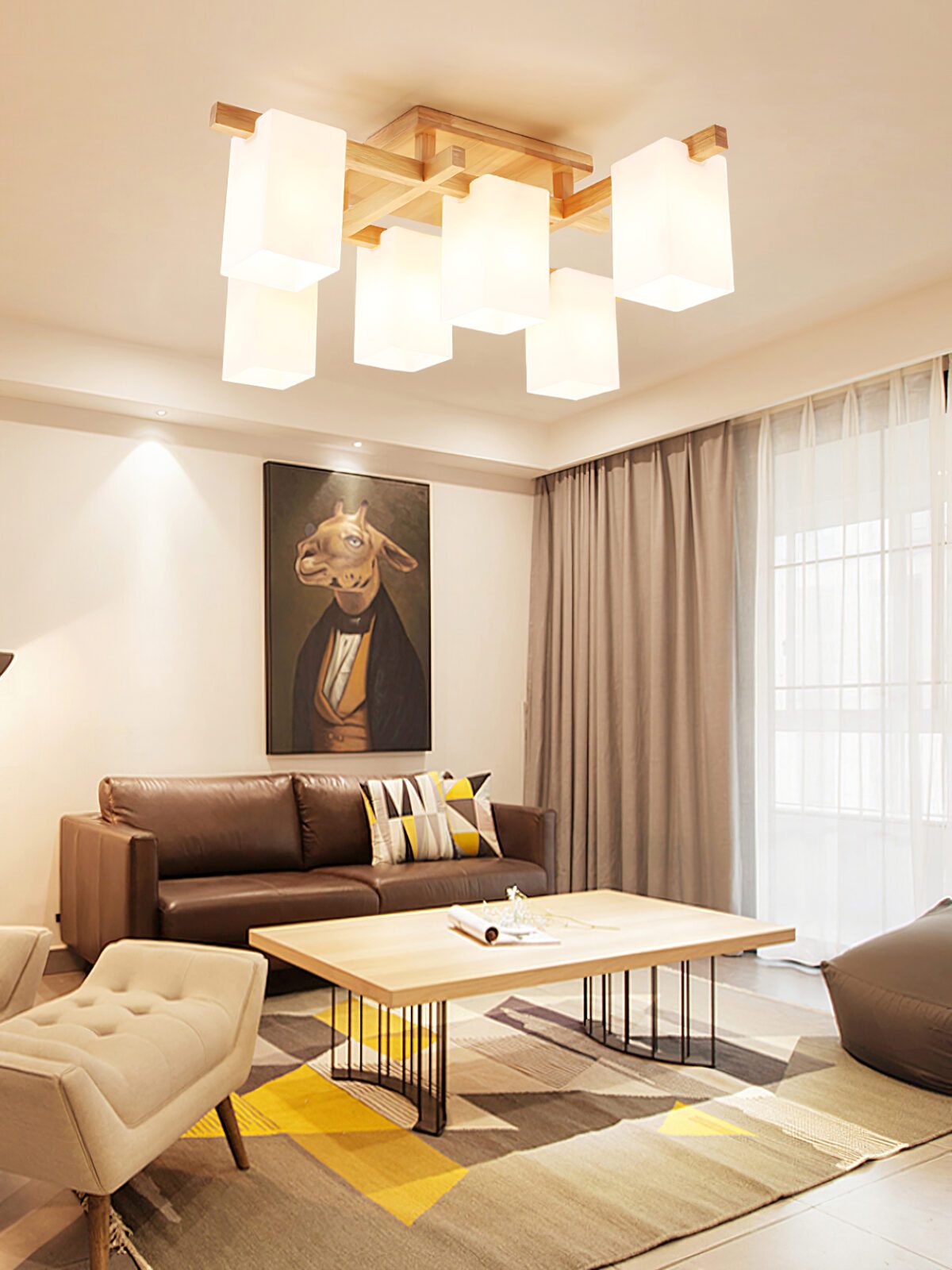 modern-japanese-square-wood-ceiling-light-fixture-with-glass-shades-for-living-room