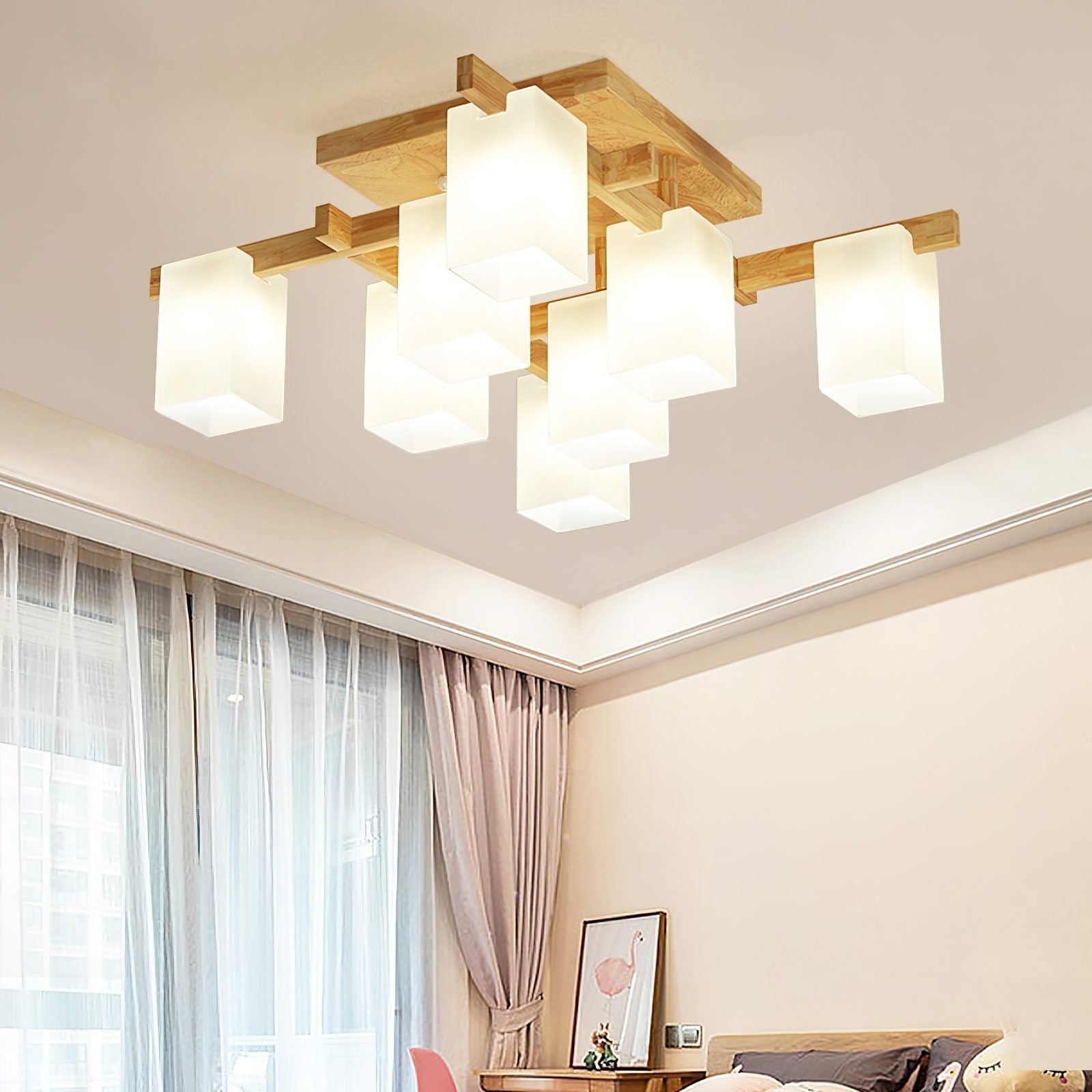 modern-japanese-square-wood-ceiling-light-fixture-with-glass-shades-for-living-room