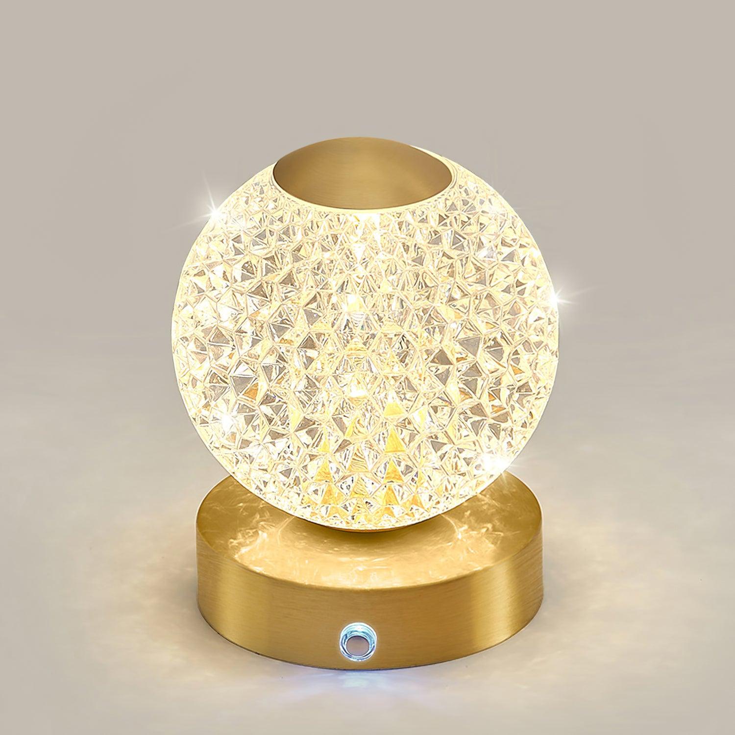 Modern Diamond Cut Crystal LED Table Lamp Cordless Rechargeable Task Light with Polished Brass Finish