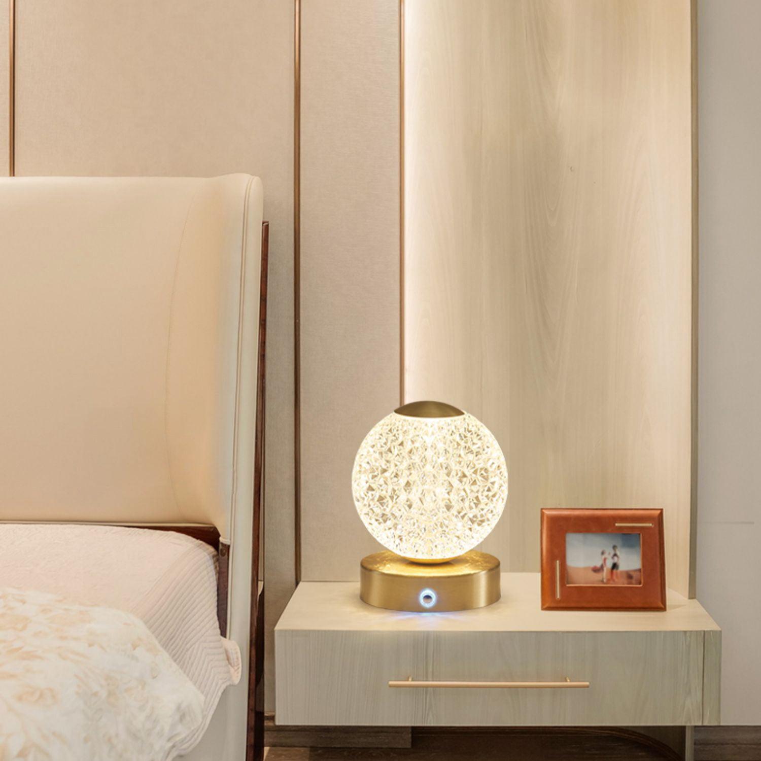 Modern Diamond Cut Crystal LED Table Lamp Cordless Rechargeable Task Light with Polished Brass Finish